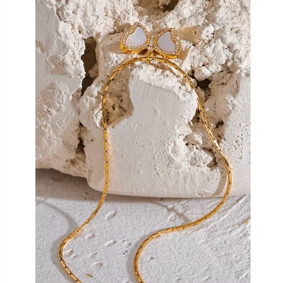 Delicate Stainless Steel Natural Shell Butterfly Cast Necklace 17” - Picture 2 of 7